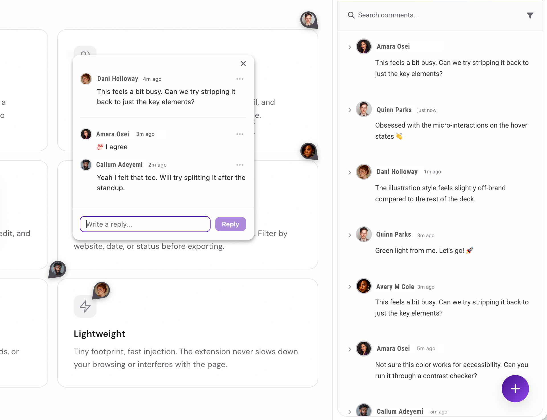 Feedback Machine showing inline feedback on a webpage with the side panel open